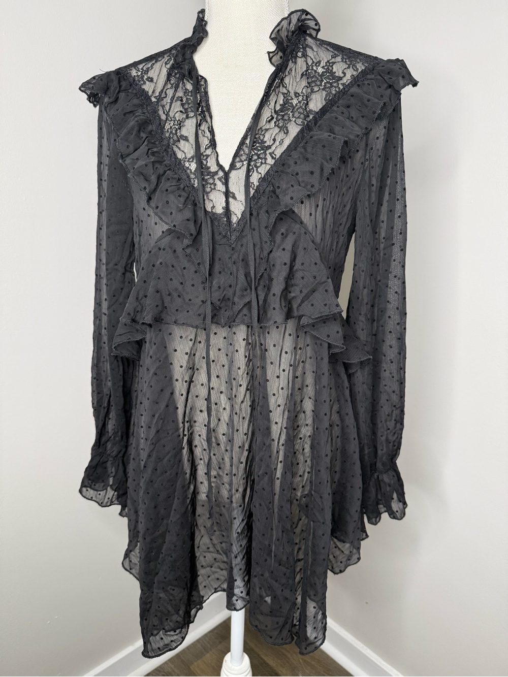 Zara Black Sheer Polka-Dot Ruffle Blouse - Picture 3 of 7